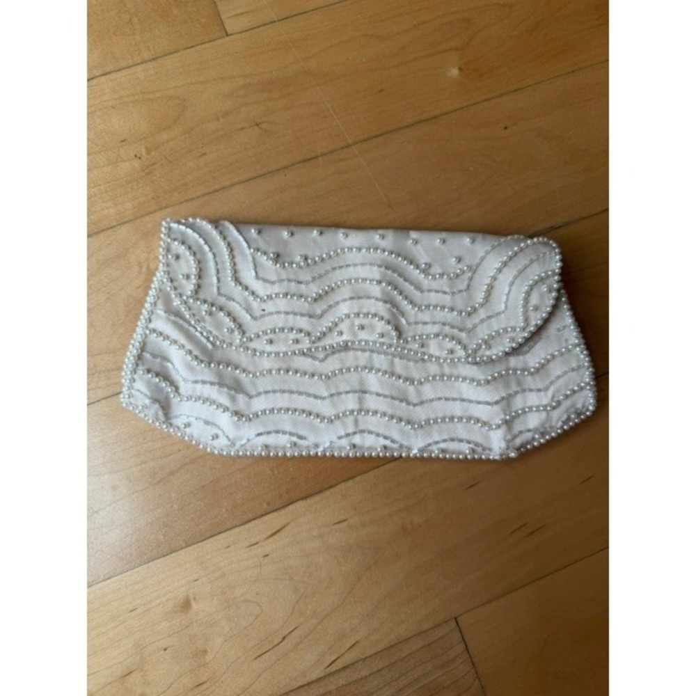 Vintage Made in Japan Faux Pearl Beaded Clutch Cream Satin Evening Bag Bridal